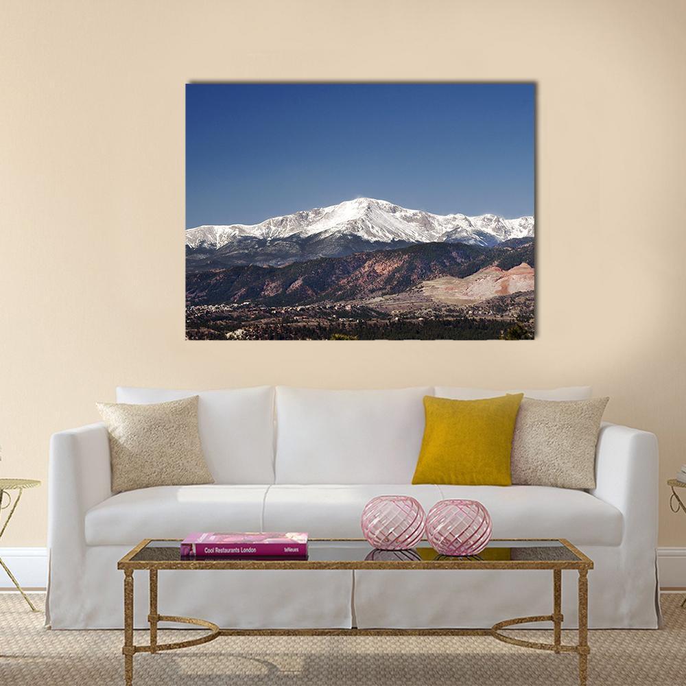Pikes Peak Colorado Summit Canvas Wall Art in white, brown and blue, single panel hung on a wall