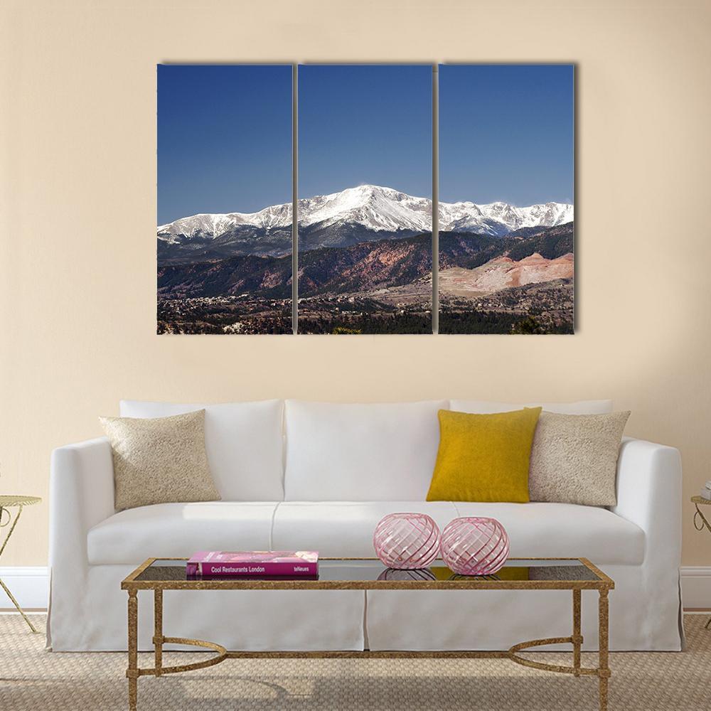 Pikes Peak Colorado Mountain Landscape Canvas Wall Art in white, brown and blue, 3 panel horizontal set hung on a wall