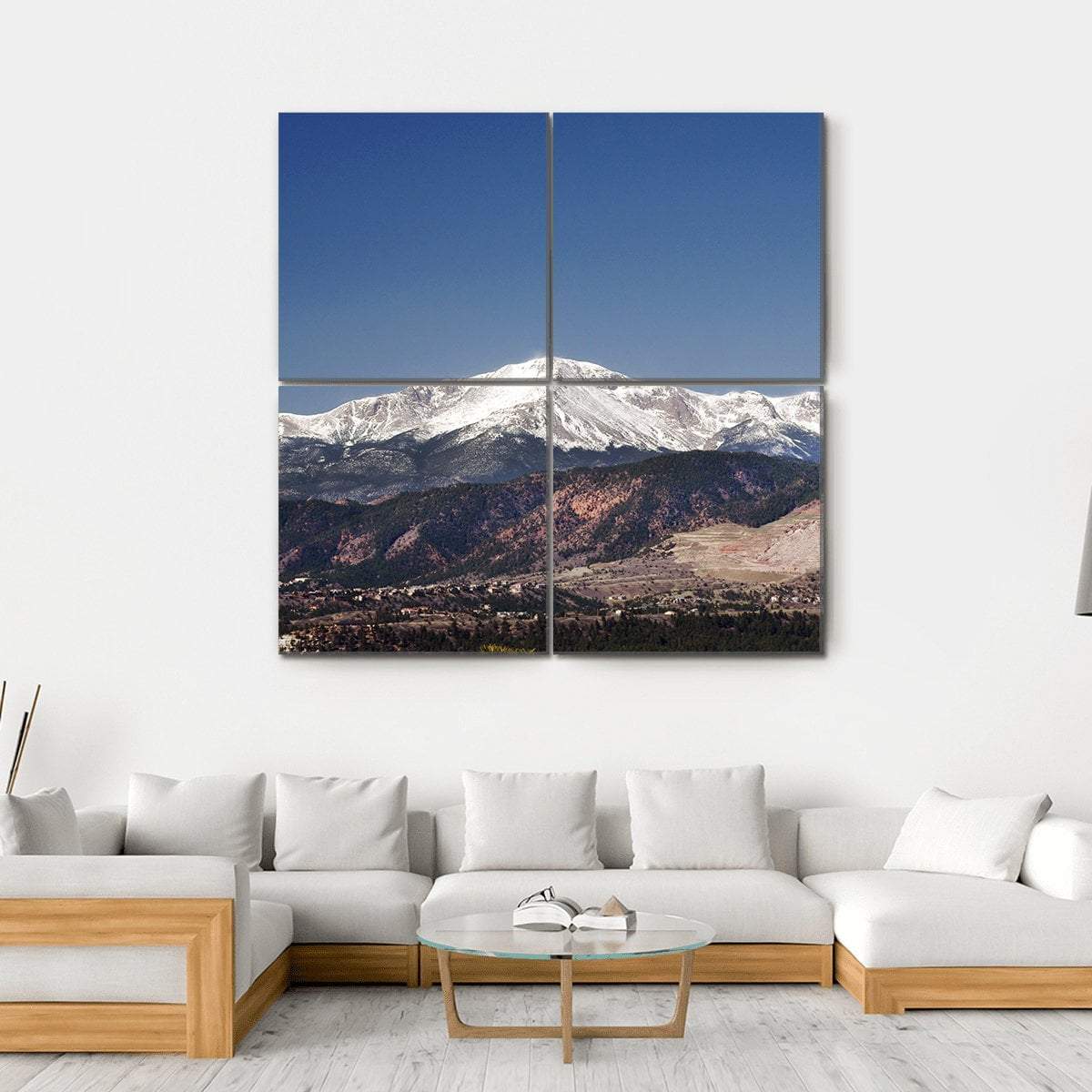 Pikes Peak Colorado Summit Canvas Wall Art in white, brown and blue, hung on a wall