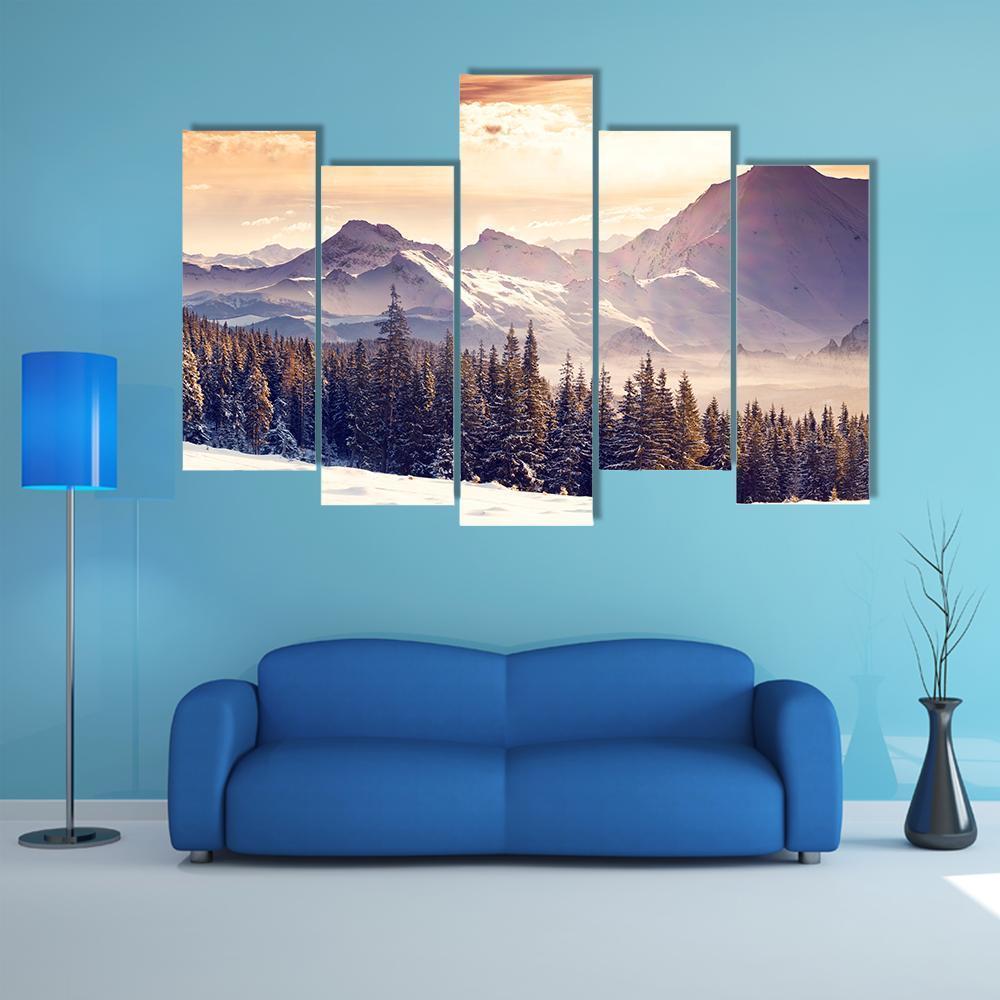 Evening Winter Landscape Canvas Wall Art-5 Pop-Gallery Wrap-47" x 32"-Tiaracle