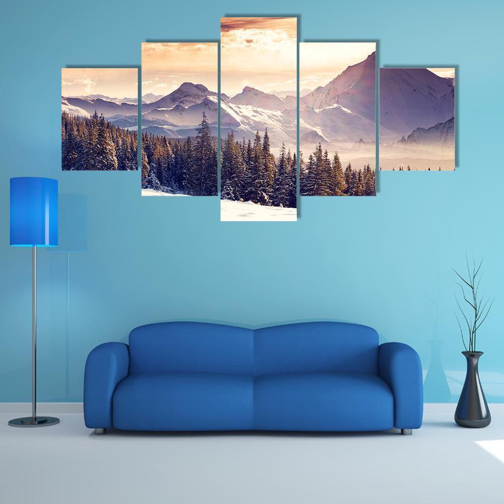 Evening Winter Landscape Canvas Wall Art-5 Star-Gallery Wrap-62" x 32"-Tiaracle