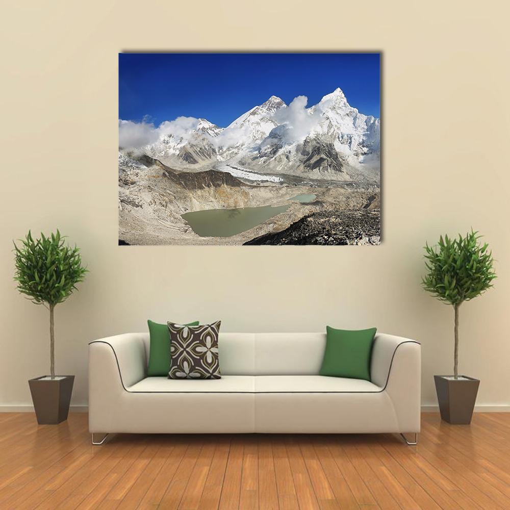 Everest and Lhotse Over Glacial Lake Canvas Wall Art in white, gray and blue, single panel hung on a wall