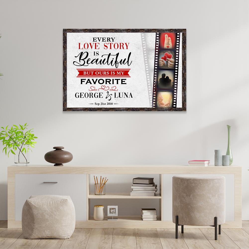 Every Love Story Is Beautiful but Ours — George and Luna Canvas Wall Art in black, white and red, hung on a wall