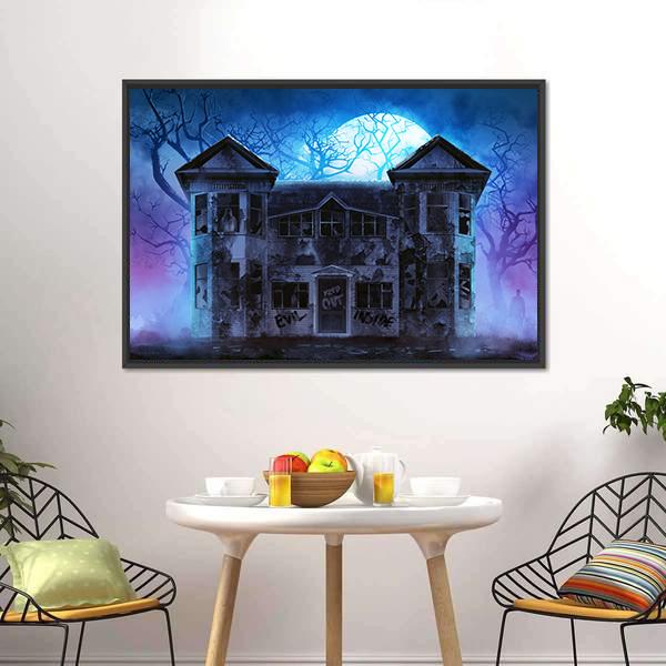 Evil Haunted House Canvas Wall Art-1 Piece-Floating Frame-24" x 16"-Tiaracle