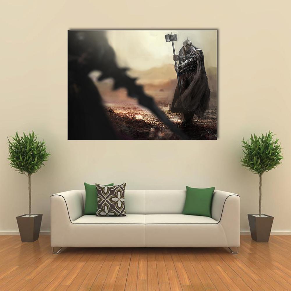 Evil Knight Vs Good Knight Canvas Wall Art in black, beige and brown, single panel hung on a wall
