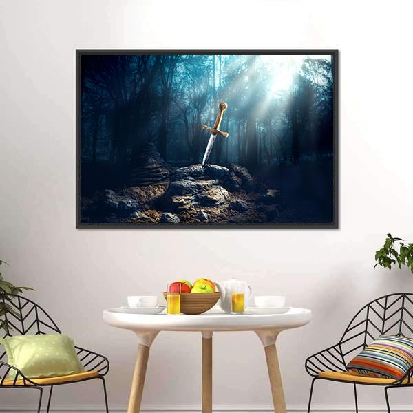 Excalibur Sword In Stone Canvas Wall Art-1 Piece-Floating Frame-24" x 16"-Tiaracle