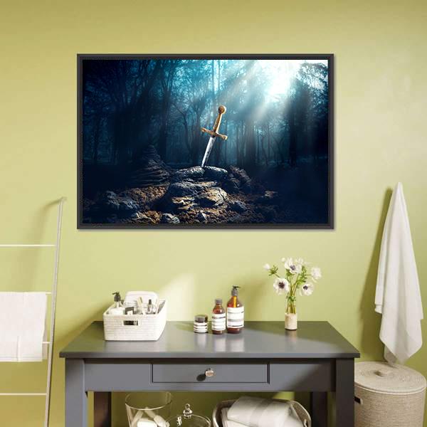 Excalibur Sword In Stone Canvas Wall Art-5 Horizontal-Gallery Wrap-22" x 12"-Tiaracle