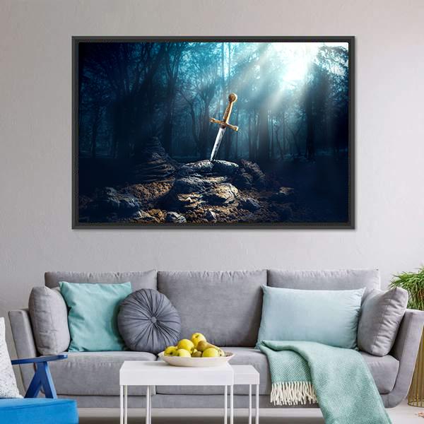 Excalibur Sword In Stone Canvas Wall Art-5 Horizontal-Gallery Wrap-22" x 12"-Tiaracle