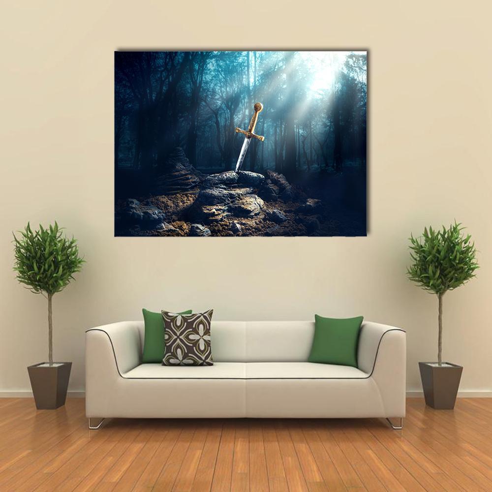 Excalibur Sword in Stone Canvas Wall Art in black, gold and blue, single panel hung on a wall