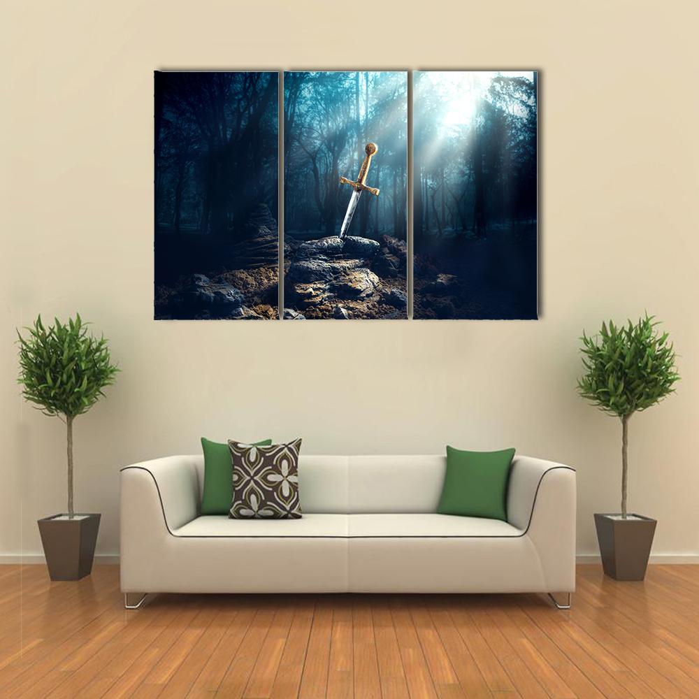 Excalibur Sword In Stone Canvas Wall Art-3 Horizontal-Gallery Wrap-37" x 24"-Tiaracle
