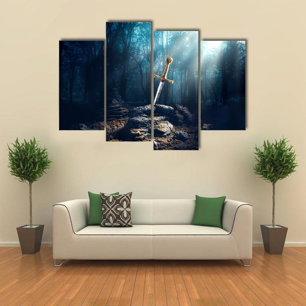 Excalibur Sword In Stone Canvas Wall Art-4 Pop-Gallery Wrap-50" x 32"-Tiaracle