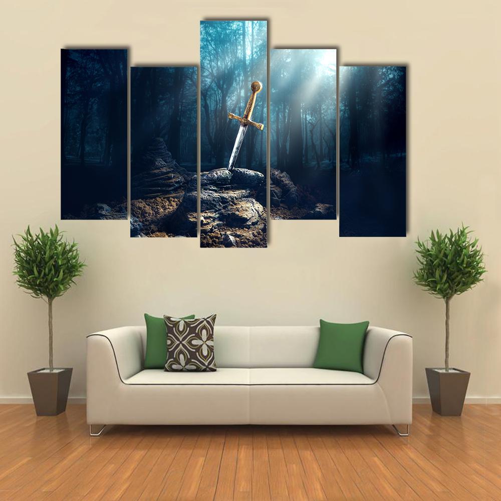 Excalibur Sword In Stone Canvas Wall Art-5 Pop-Gallery Wrap-47" x 32"-Tiaracle