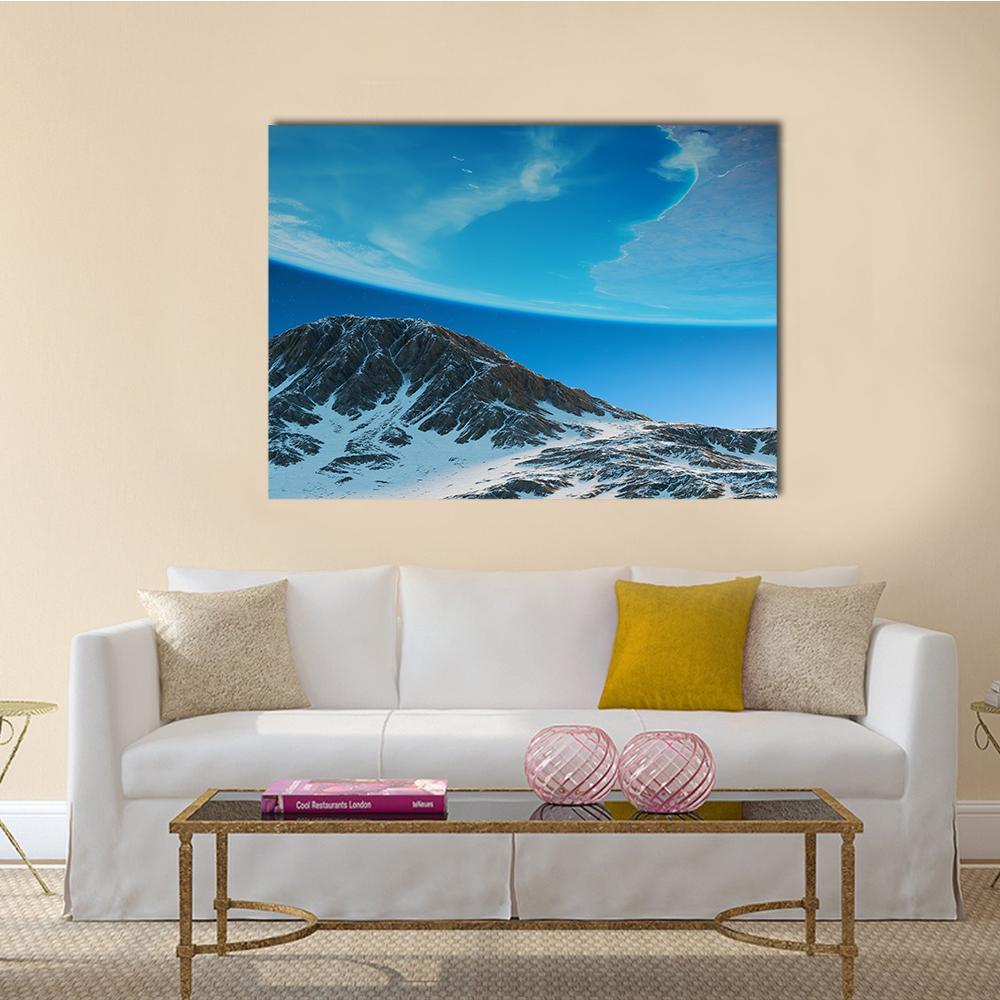 Exoplanets Over Snow-capped Mountains Canvas Wall Art in white, gray and blue, single panel hung on a wall