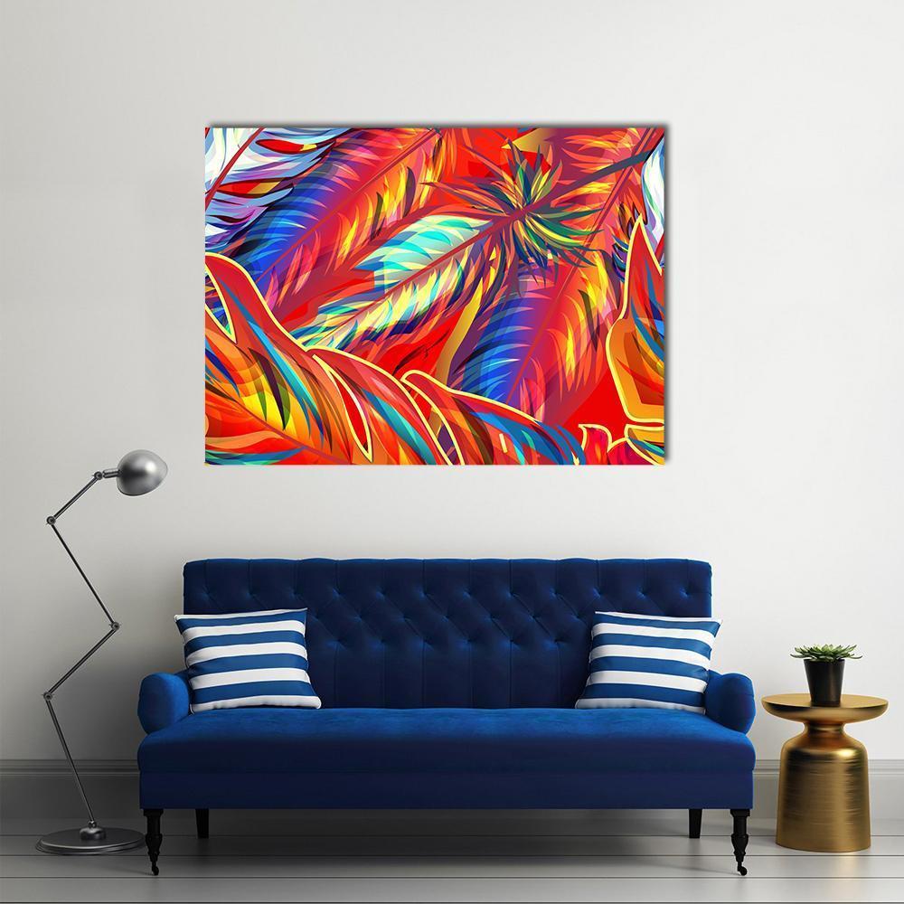 Exotic Feathers and Tropical Leaves Canvas Wall Art in red, blue and multicolor, single panel hung on a wall