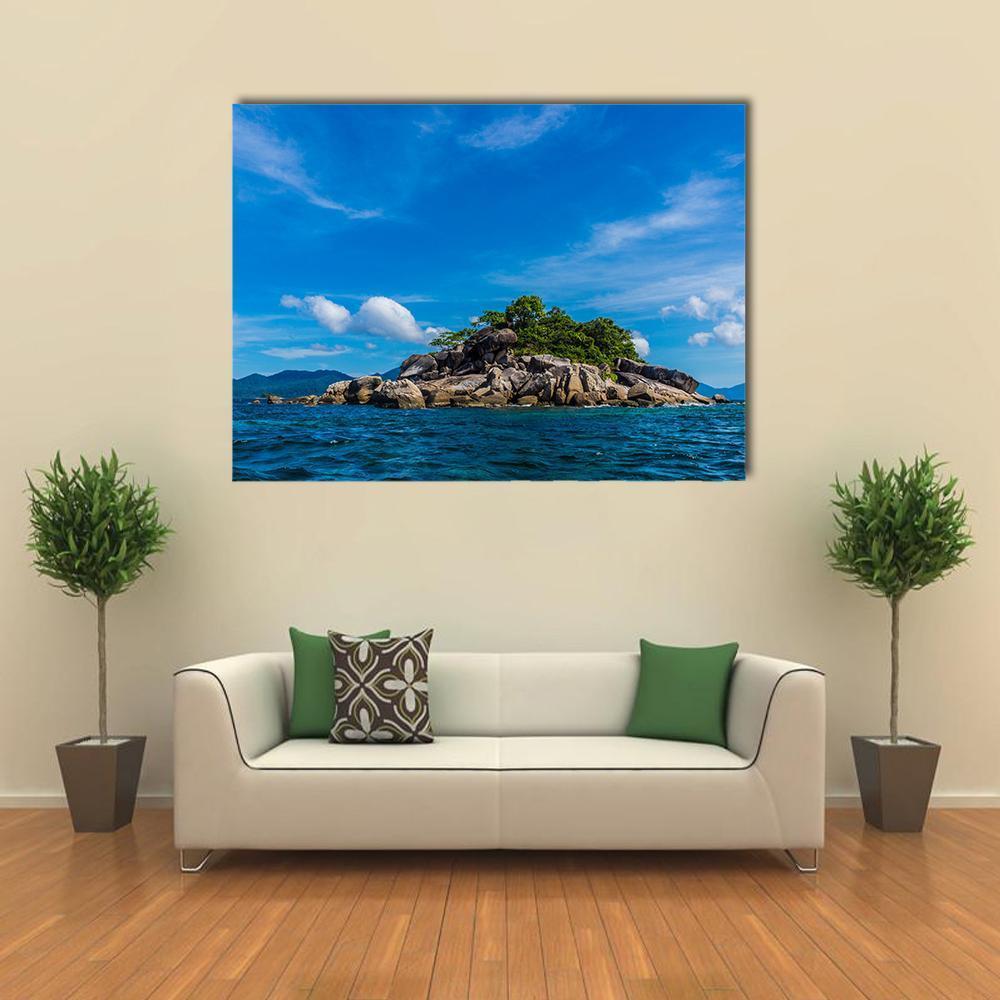Exotic Island in Thailand Canvas Wall Art in brown, green and blue, single panel hung on a wall