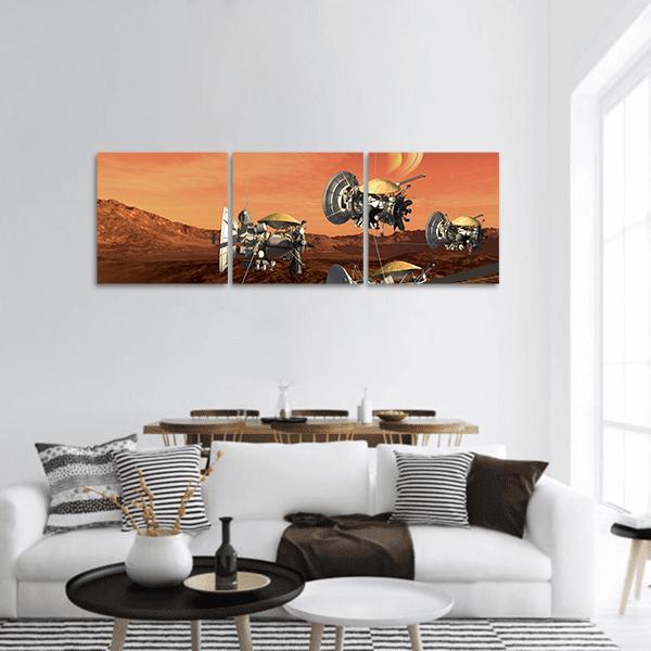 Spacecraft Probes Over Mars Panoramic Canvas Wall Art in brown, silver and orange, hung on a wall