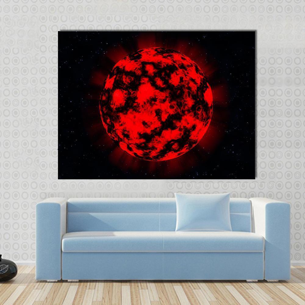 Explosion in Deep Space Canvas Wall Art in black and red, single panel hung on a wall