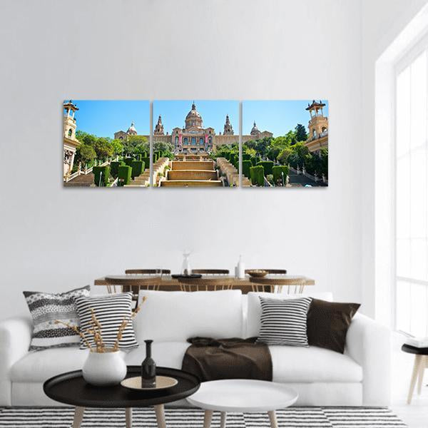 Palau Nacional Grand Staircase, Barcelona Landmark Panoramic Canvas Wall Art in beige, green and blue, hung on a wall