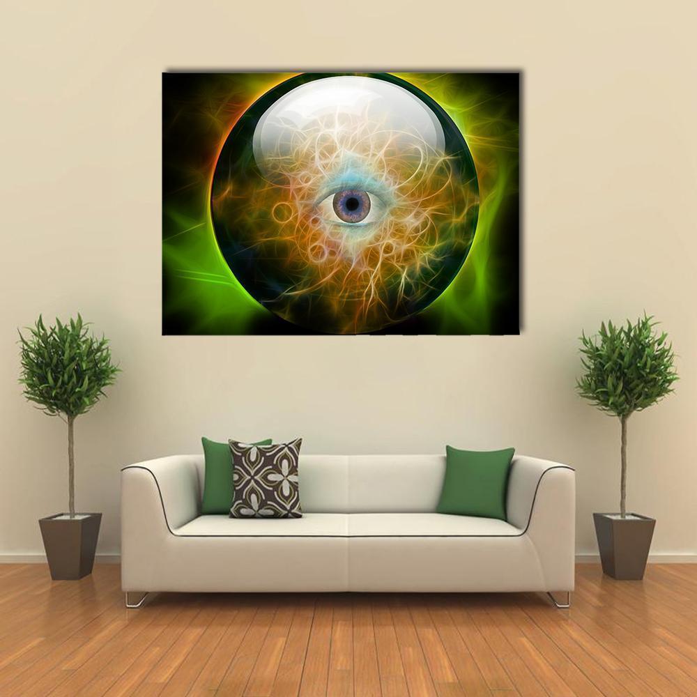Eye in Crystal Orb Canvas Wall Art in black, yellow and green, single panel hung on a wall