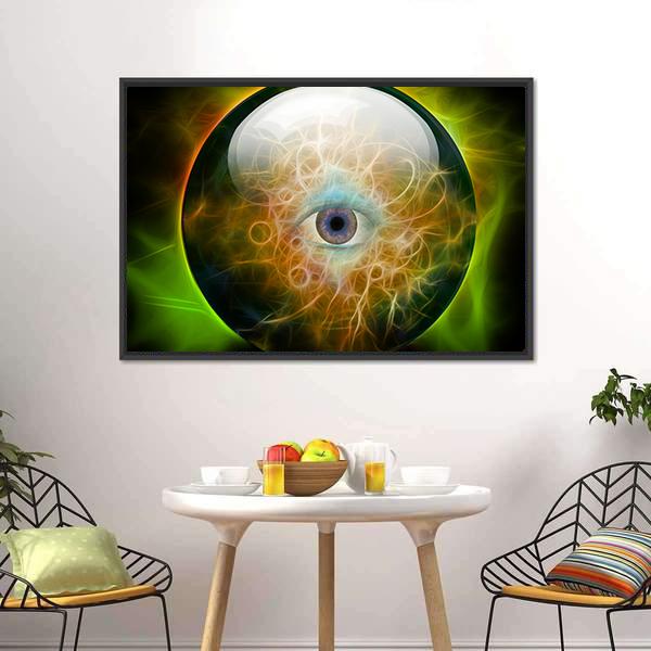 Eye in Crystal Orb Canvas Wall Art in black, yellow and green, framed canvas, product view on a white background