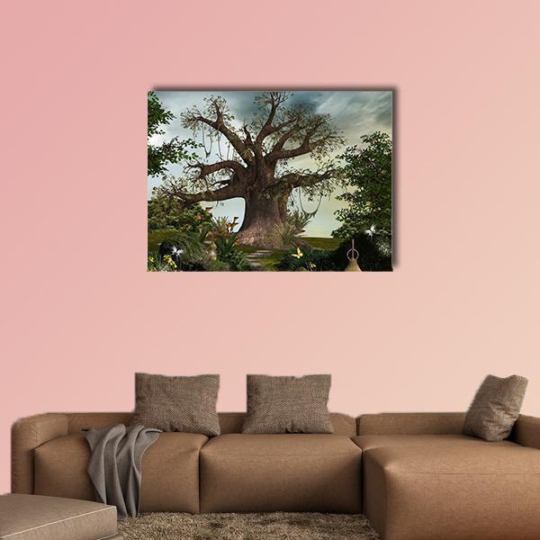 Enchanted Giant Tree with Winding Path Canvas Wall Art in gray, brown and green, single panel hung on a wall