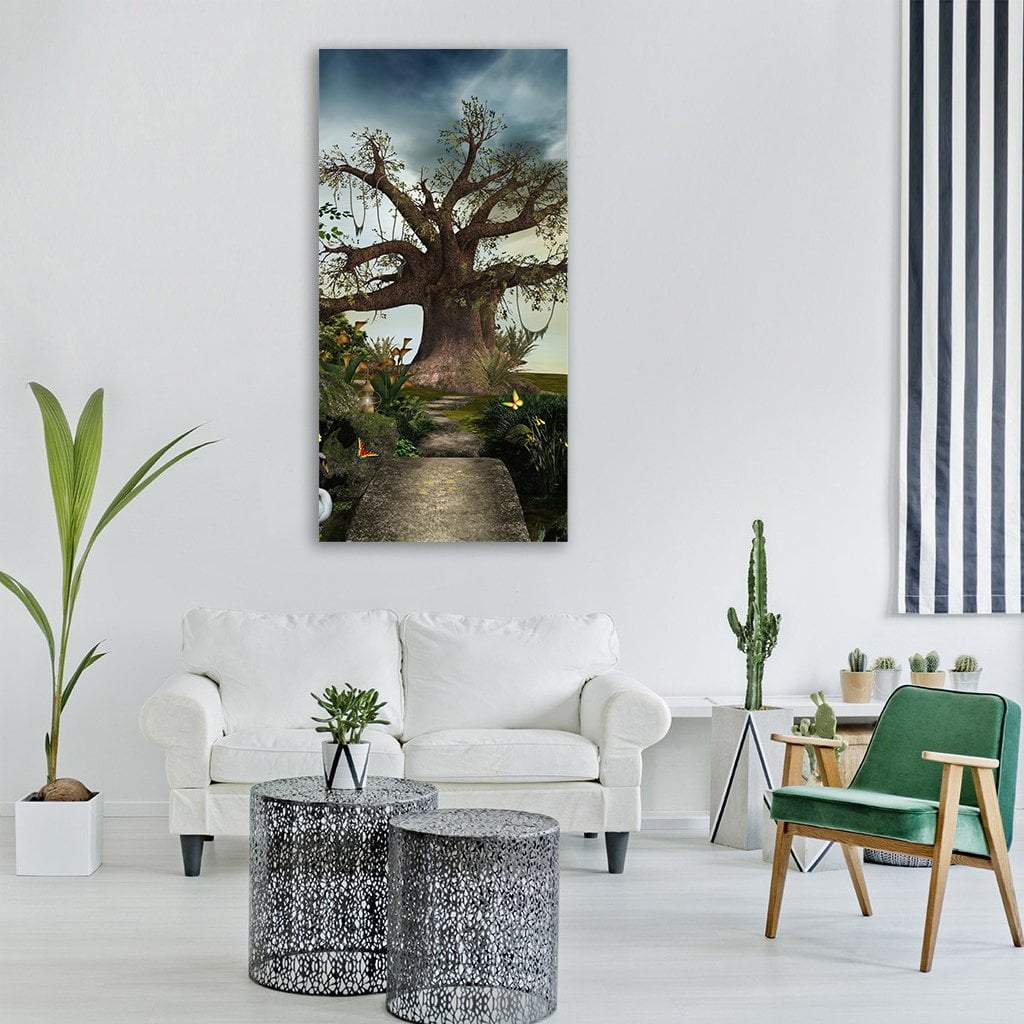 Enchanted Forest Path with Gnarled Tree Vertical Canvas Wall Art in gray, brown and green, single vertical panel hung on a wall