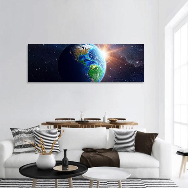 Illuminated Face Of Earth Panoramic Canvas Wall Art-3 Piece-25" x 08"-Tiaracle