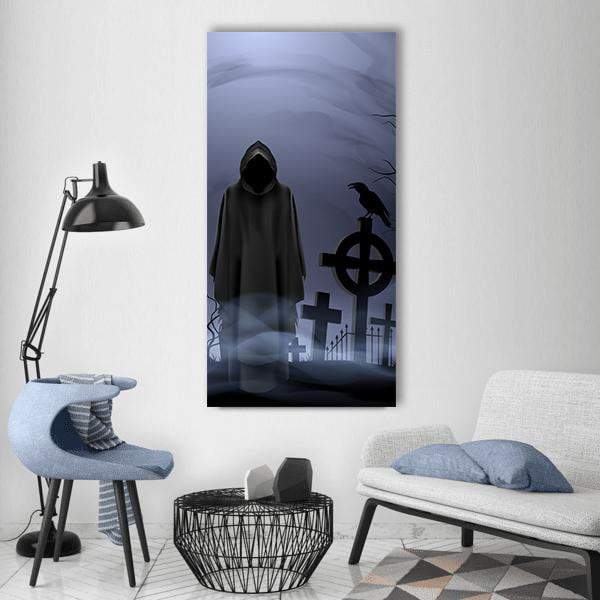 Death Angel Among Graves Vertical Canvas Wall Art in black, gray and blue, single vertical panel hung on a wall