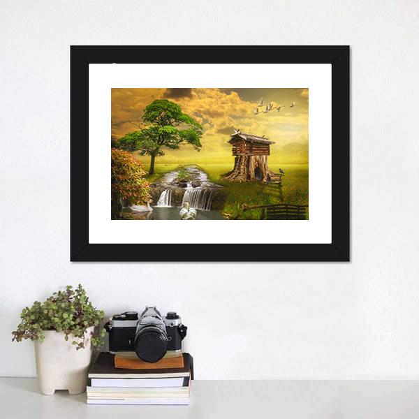 Fairy House By Lake Canvas Wall Art-1 Piece-Framed Print-30" x 20"-Tiaracle