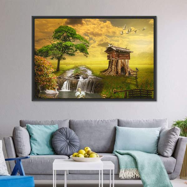 Fairy House By Lake Canvas Wall Art-1 Piece-Floating Frame-36" x 24"-Tiaracle