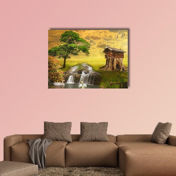 Fairy House by the Lake Canvas Wall Art in brown, yellow and green, single panel hung on a wall