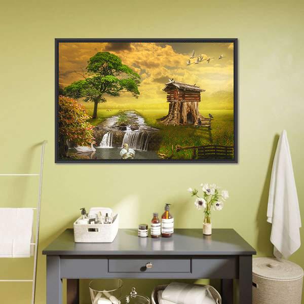 Fairy House By Lake Canvas Wall Art-1 Piece-Floating Frame-24" x 16"-Tiaracle