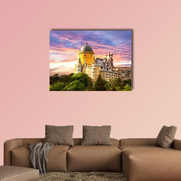 Fairy Palace in Sintra Canvas Wall Art in yellow, purple and pink, single panel hung on a wall
