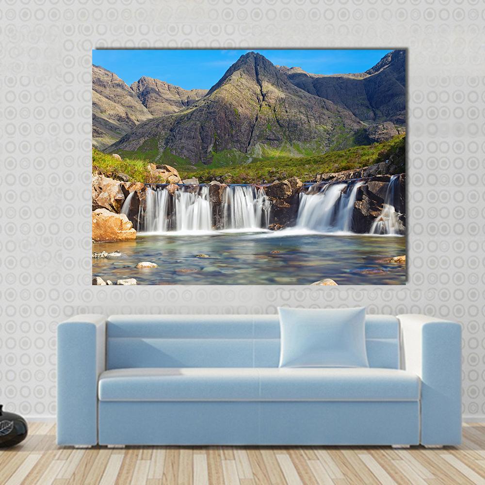 Fairy Pools Scotland Canvas Wall Art in brown, green and blue, single panel hung on a wall