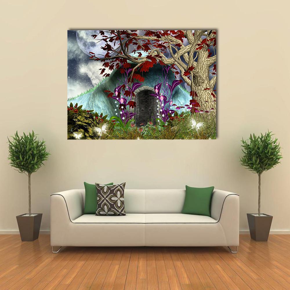 Secret Fairy Door in Moonlit Forest Canvas Wall Art in red, green and purple, single panel hung on a wall
