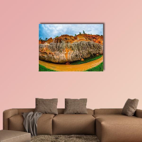 Fairy Stream in Vietnam Canvas Wall Art in gray, brown and orange, single panel hung on a wall