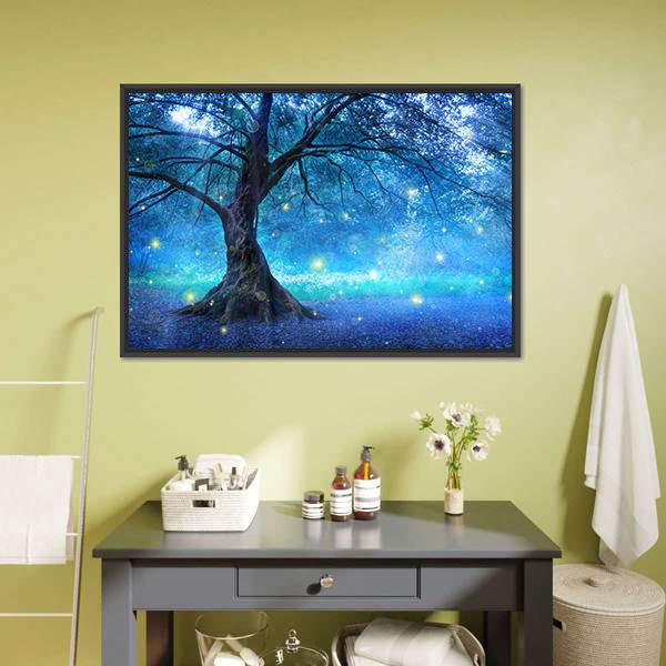 Enchanted Fairy Tree with Glowing Lights Canvas Wall Art in yellow and blue, framed canvas, product view on a white background