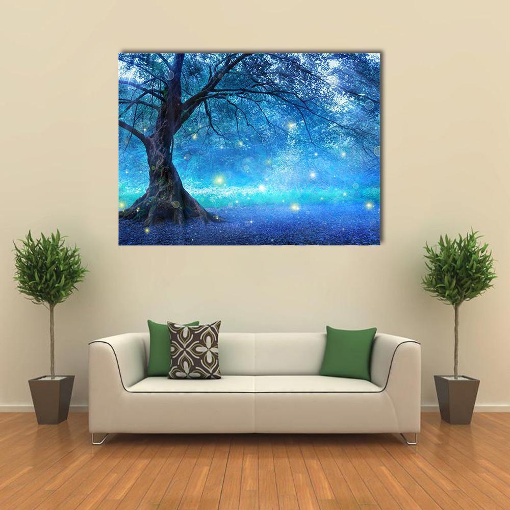 Enchanted Fairy Tree Canvas Wall Art in black and blue, single panel hung on a wall