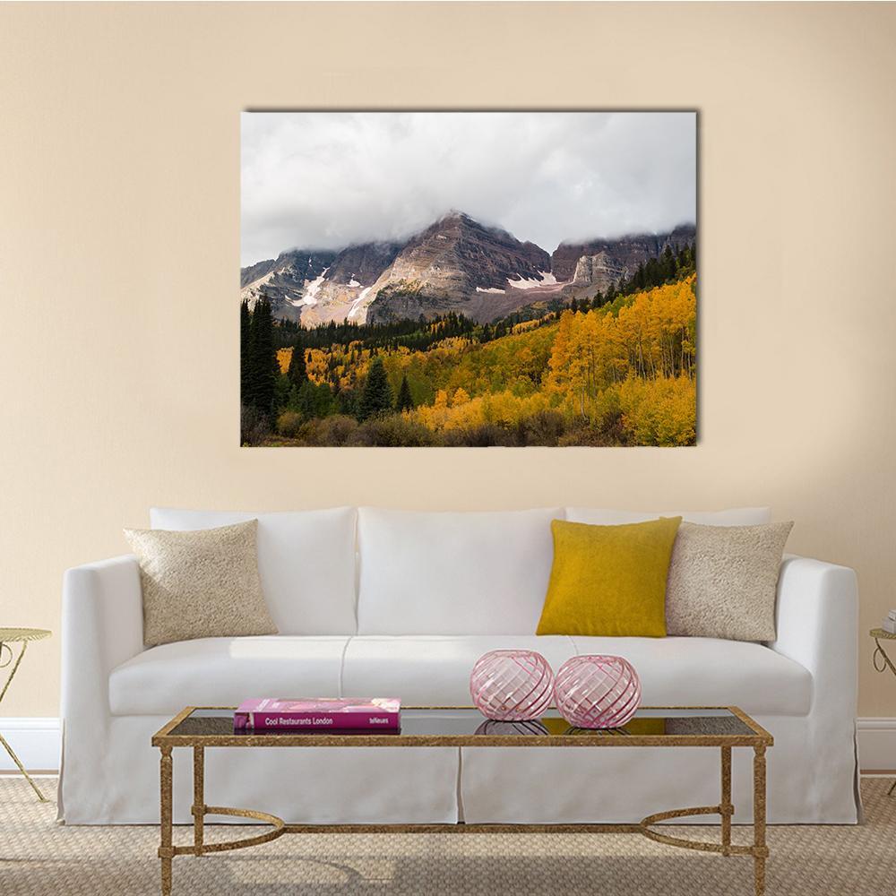 Fall at Maroon Bells Canvas Wall Art in gray, yellow and green, single panel hung on a wall