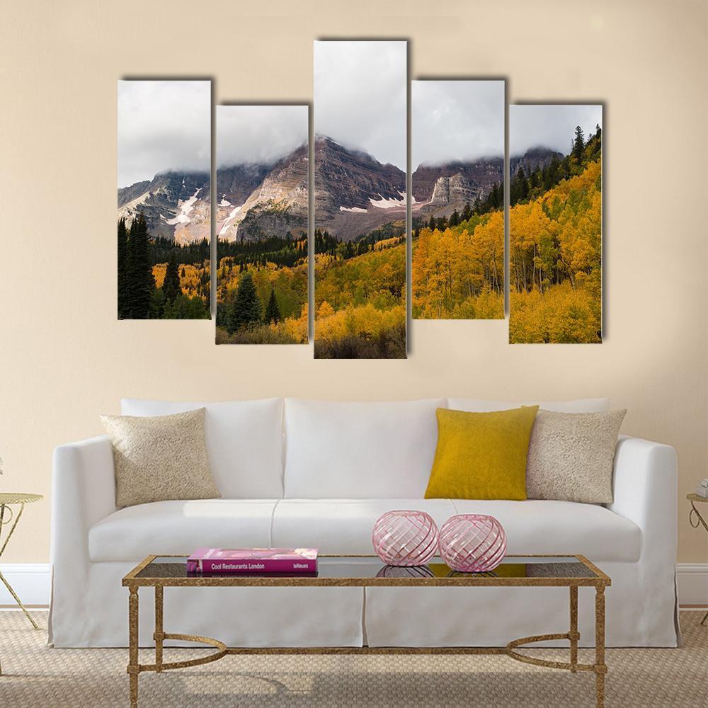Fall At Maroon Bells Canvas Wall Art-5 Pop-Gallery Wrap-47" x 32"-Tiaracle
