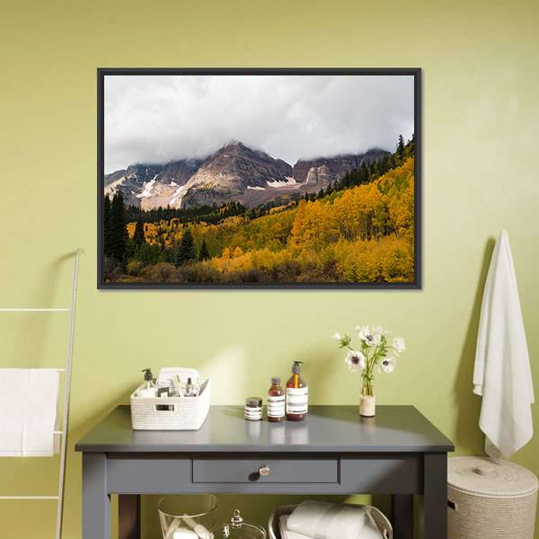 Fall at Maroon Bells Canvas Wall Art in gray, yellow and green, framed canvas, product view on a white background