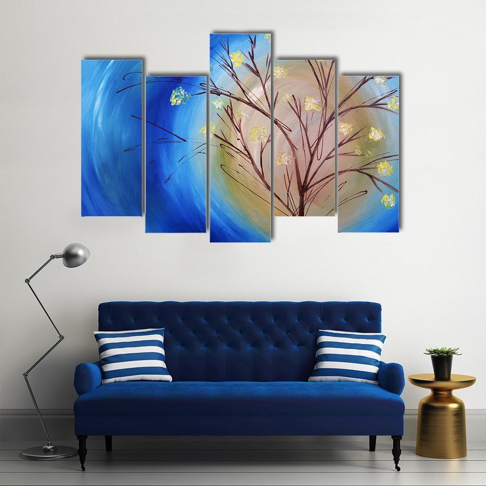 Fall Tree Against Blue Swirling Sky Canvas Wall Art-1 Piece-Gallery Wrap-48" x 32"-Tiaracle