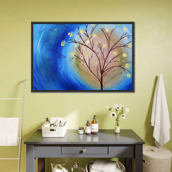 Fall Tree Against Blue Swirling Sky Canvas Wall Art-1 Piece-Floating Frame-24" x 16"-Tiaracle