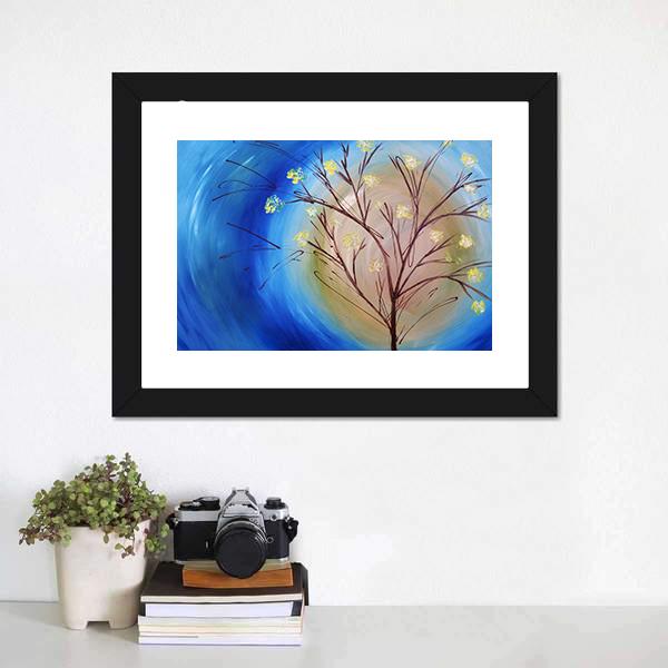 Fall Tree Against Blue Swirling Sky Canvas Wall Art-1 Piece-Framed Print-20" x 16"-Tiaracle