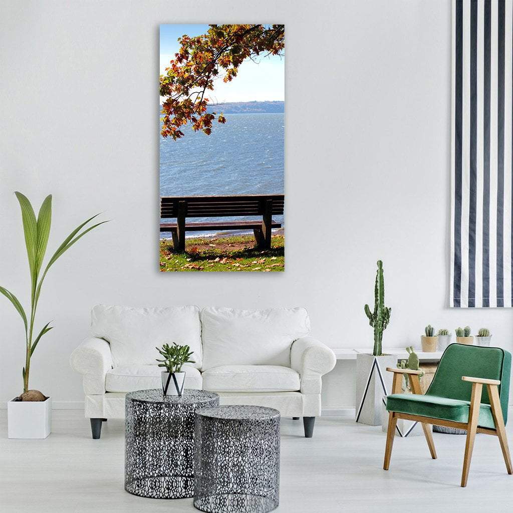 Relaxing Bench Near Lake Vertical Canvas Wall Art-3 Vertical-Gallery Wrap-12" x 25"-Tiaracle