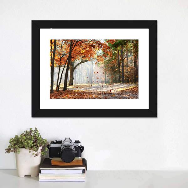 Falling Oak Leaves Canvas Wall Art-1 Piece-Framed Print-20" x 16"-Tiaracle