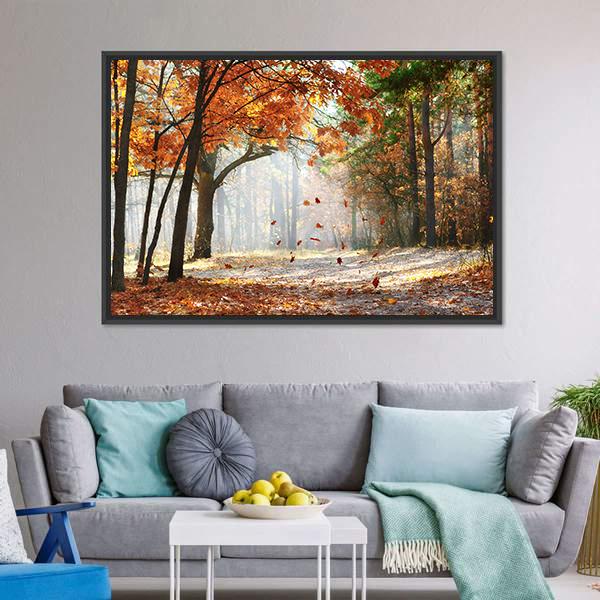 Falling Oak Leaves Canvas Wall Art-1 Piece-Floating Frame-24" x 16"-Tiaracle