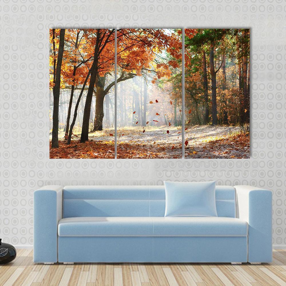 Falling Oak Leaves Canvas Wall Art-3 Horizontal-Gallery Wrap-37&quot; x 24&quot;-Tiaracle
