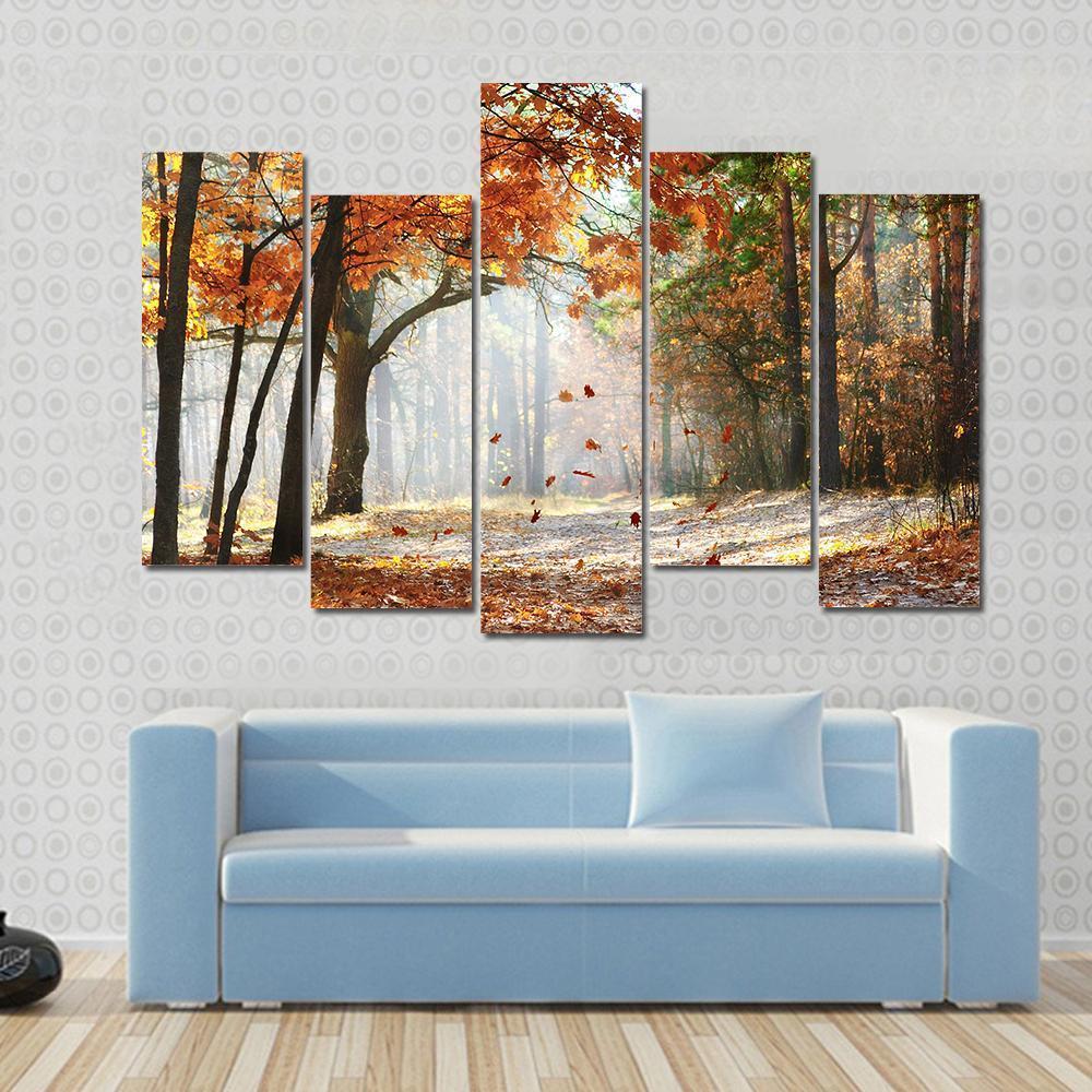 Falling Oak Leaves Canvas Wall Art-5 Pop-Gallery Wrap-47" x 32"-Tiaracle