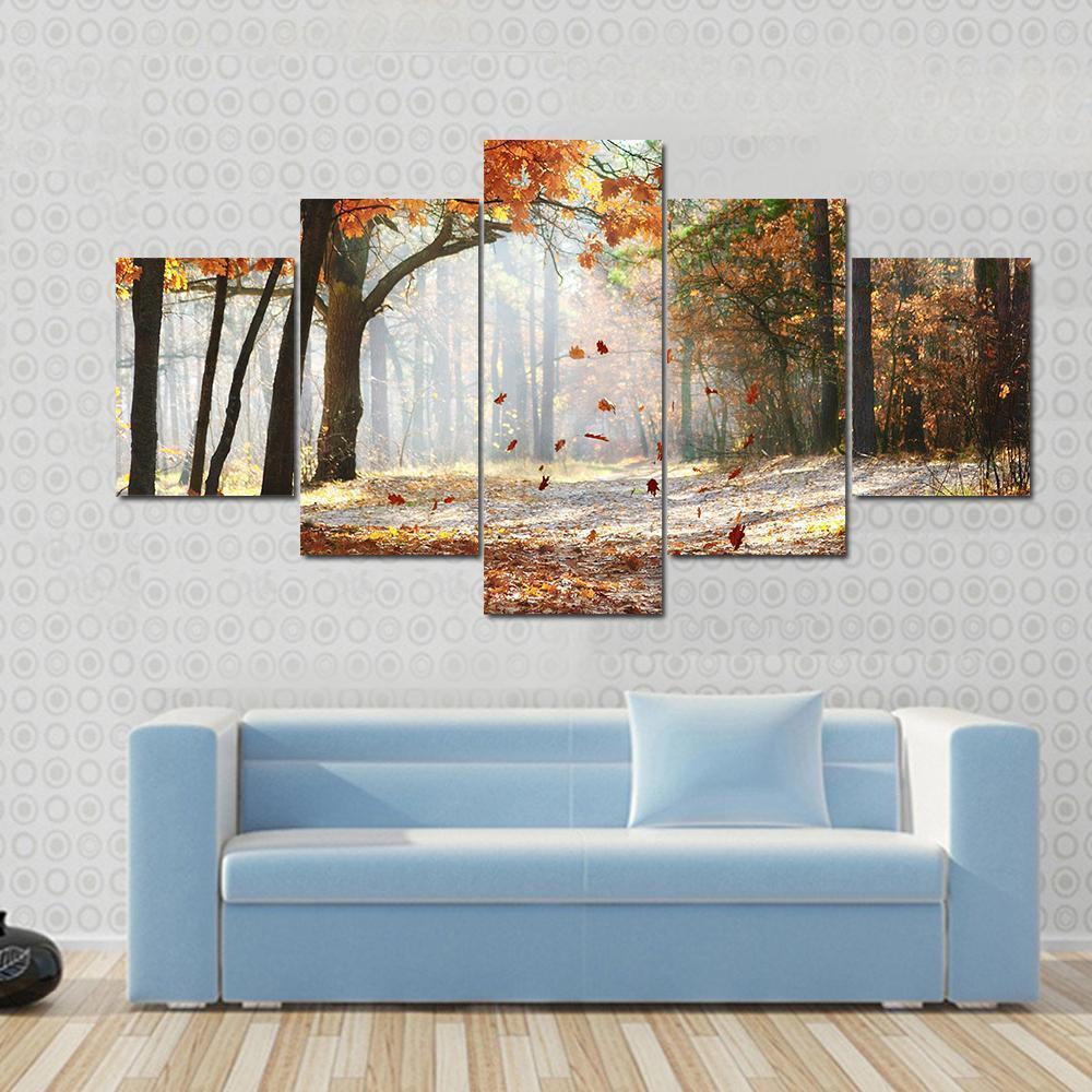 Falling Oak Leaves Canvas Wall Art-5 Star-Gallery Wrap-62&quot; x 32&quot;-Tiaracle